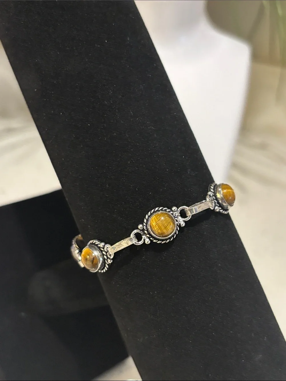 Sterling Silver Tiger's Eye Link Bracelet - Brown Gemstone